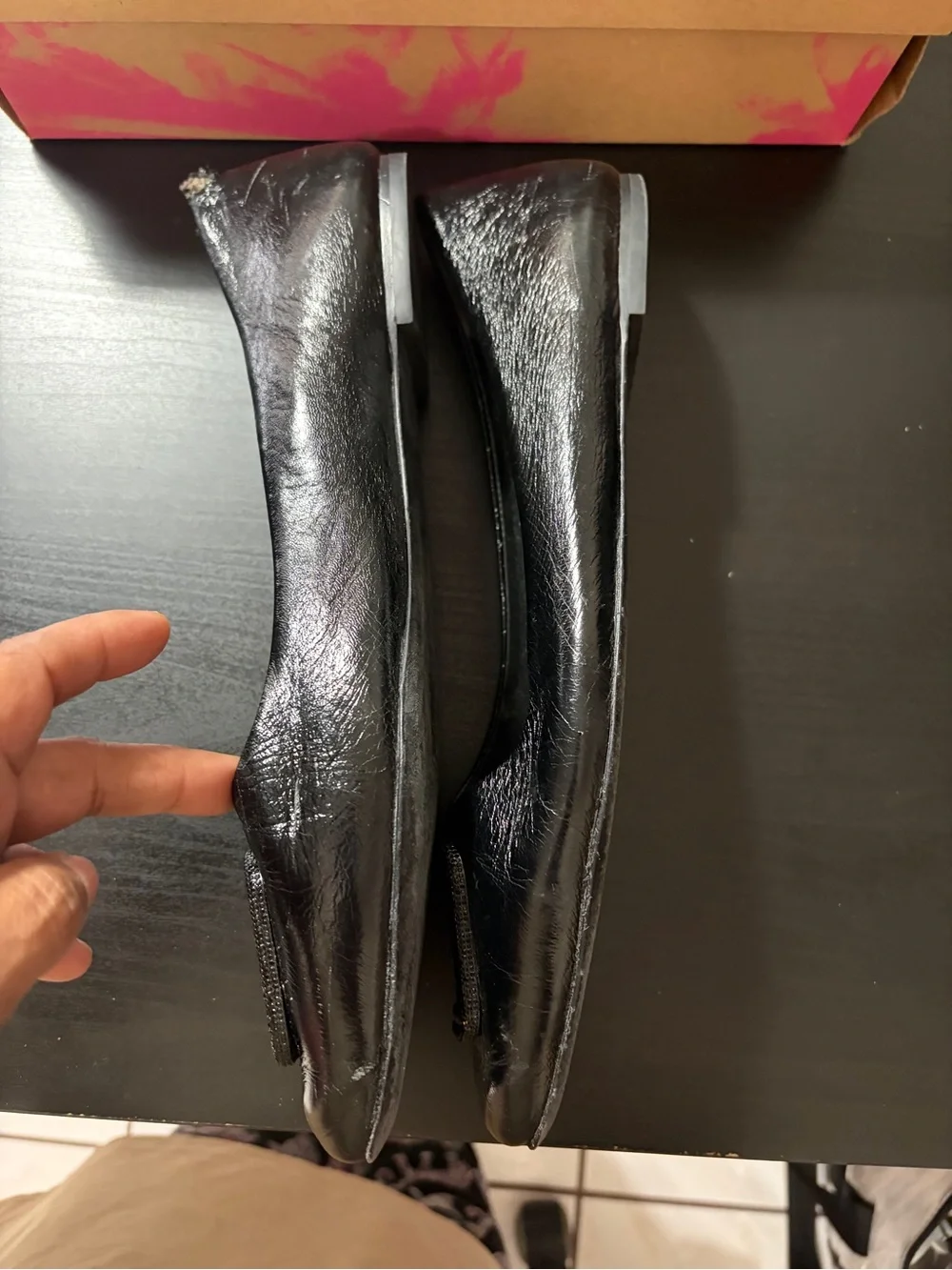 Tory Burch Black Leather Logo Toe Ballet Flats